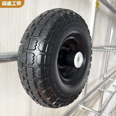 PU3.50-4拖车用9寸PU发泡实心轮聚氨酯黑圈黑铁轮辐大花花纹外胎图5