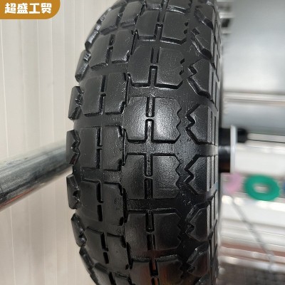 PU3.50-4拖车用9寸PU发泡实心轮聚氨酯黑圈黑铁轮辐大花花纹外胎图4