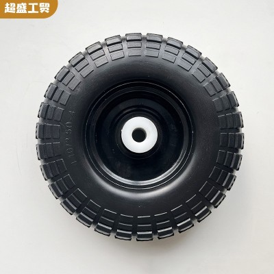 PU3.50-4拖车用9寸PU发泡实心轮聚氨酯黑圈黑铁轮辐大花花纹外胎图3