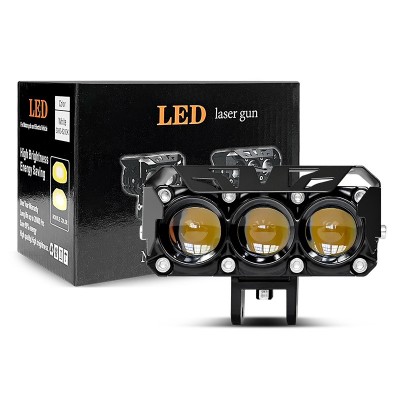新款摩托车LED射灯大灯双色灯三眼透镜鱼眼灯超亮改装 防水12-80V  1盒