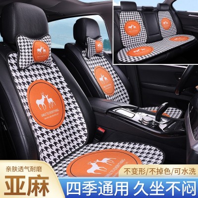 汽车坐垫分体垫子亚麻国潮风格印花印图四季通用车型装饰一件代发图2